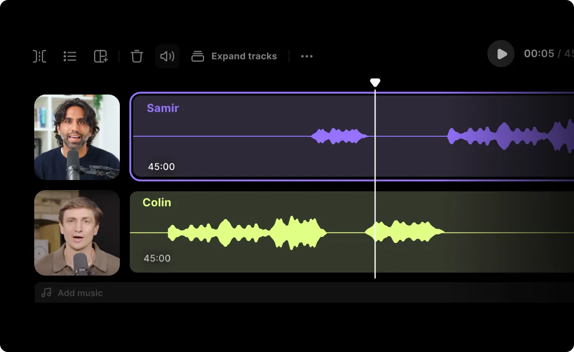 Audio editing interface showing two tracks labeled Samir and Colin with their waveform patterns and profile pictures.